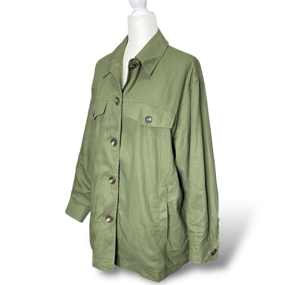 Women's Zara Linen Blend Olive Green Lightweight Button Shacket Jacket Lined - Picture 1 of 10